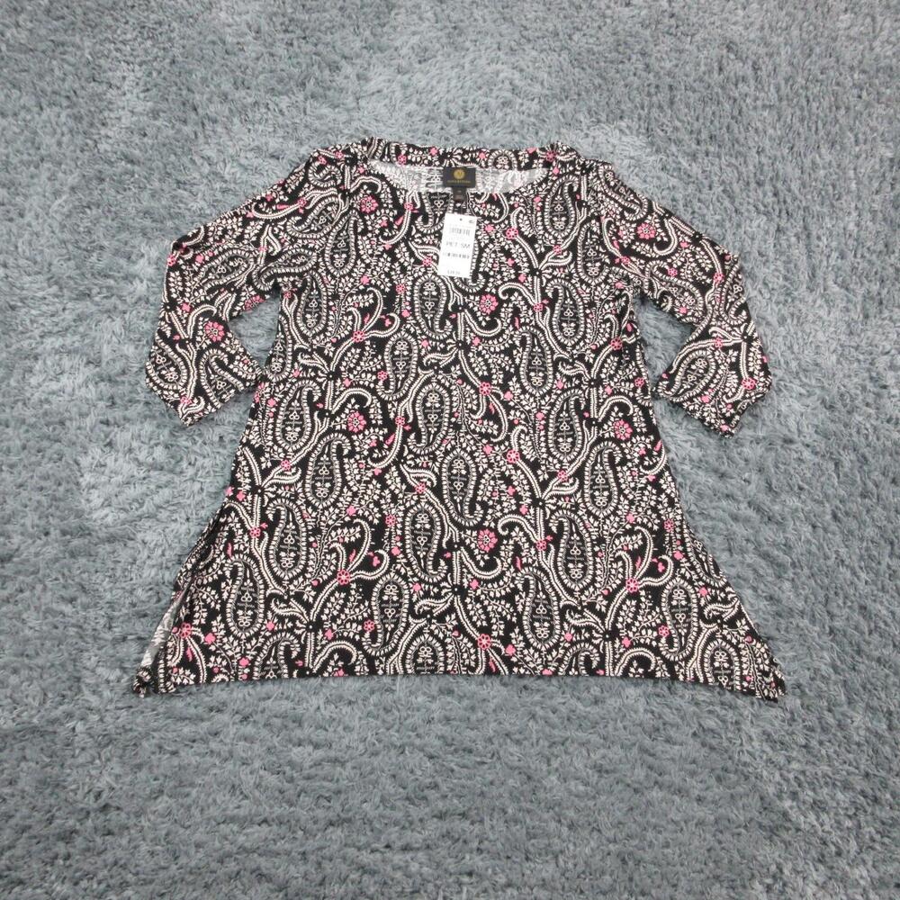 JM Collection Tunic Top Womens Petite Small Black Pink Paisley Jacquard Knit NWT